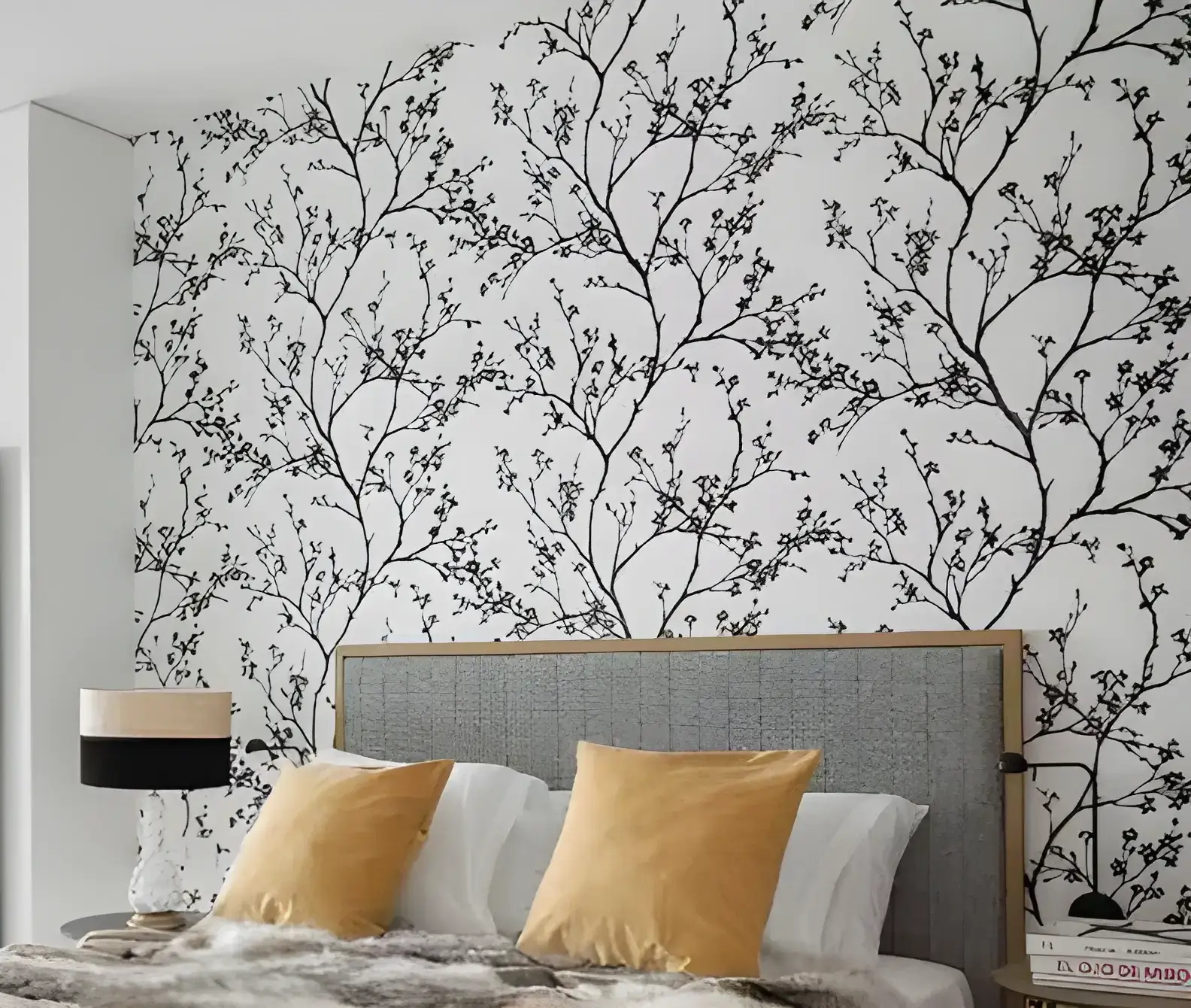 Pintor en Cartagena instalando papel pintado de ramas en cabecero de dormitorio moderno